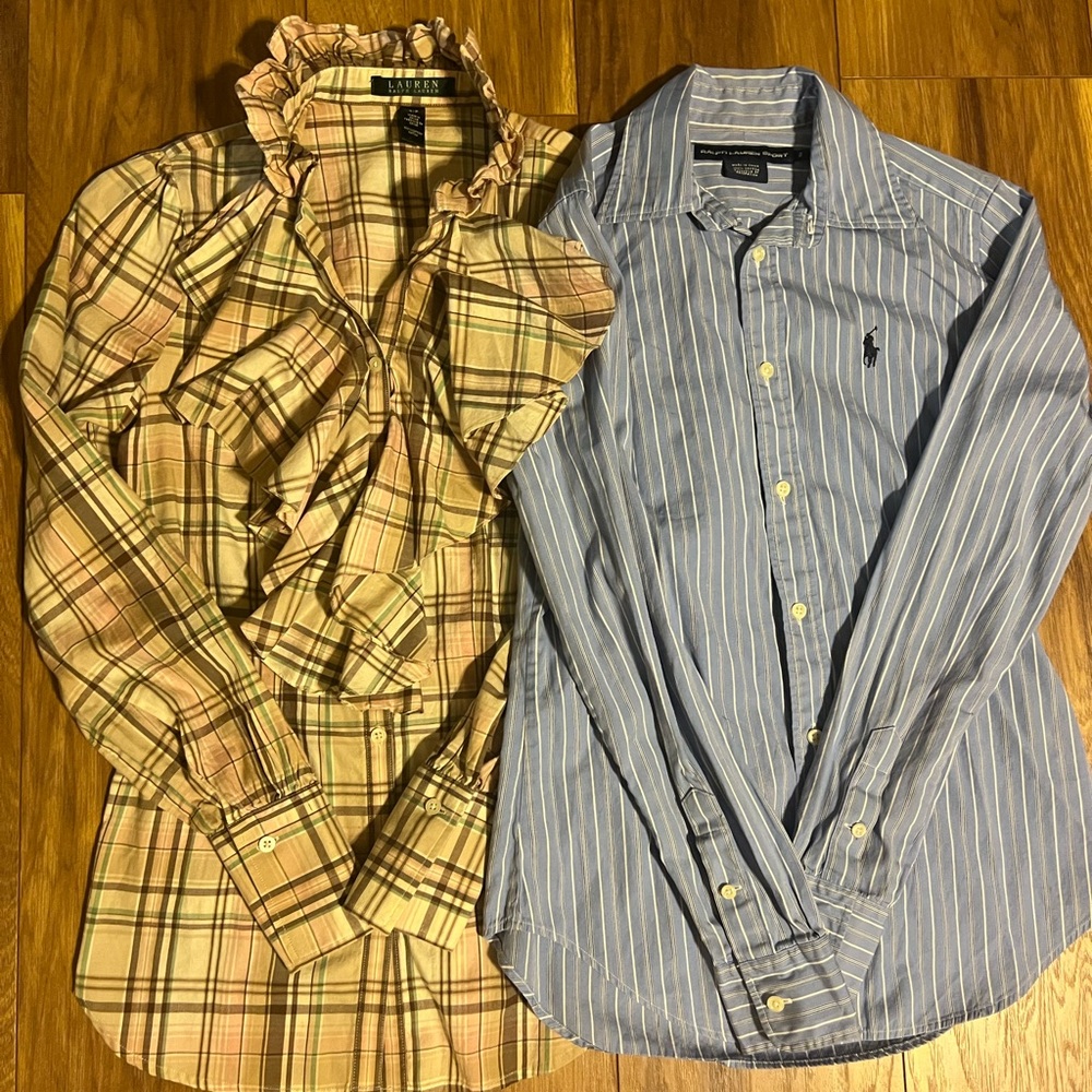 Petite long sleeve button-down blouses.